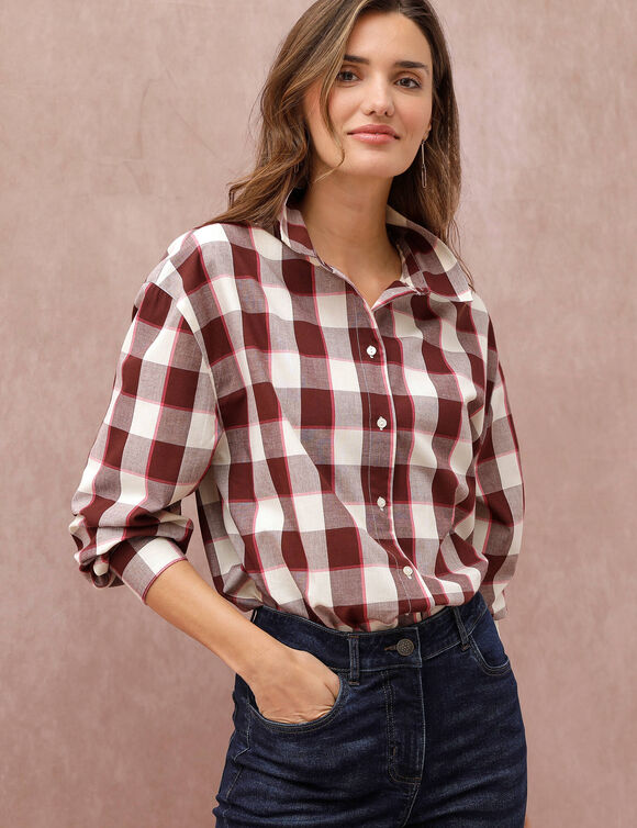 Chemise ample &agrave; carreaux, fils tiss&eacute;s teints (bordeaux / &eacute;cru)