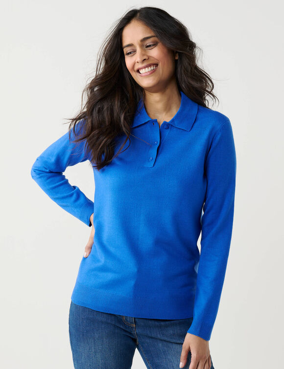 Pull col polo boutonn&eacute;, toucher doux (bleu)