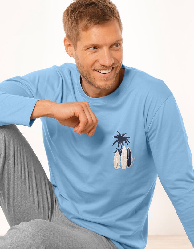 Pyjamashirt met lange mouwen en surfmotief (hemelsblauw)