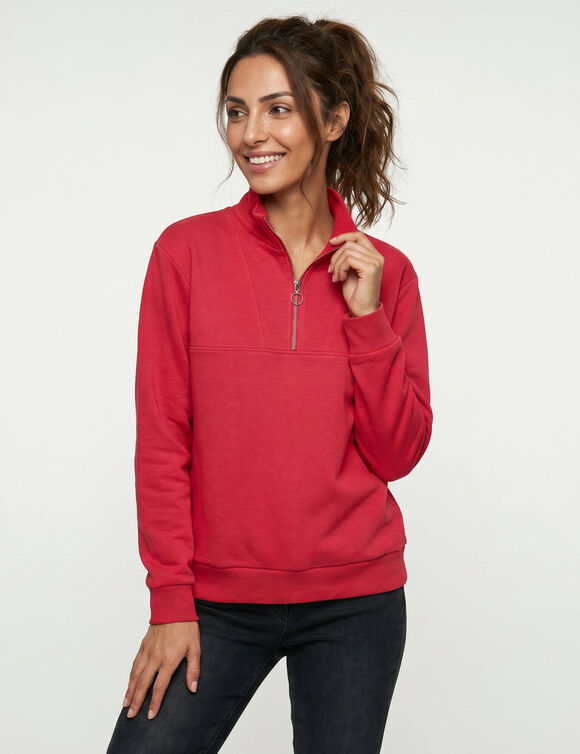 Sweat col montant zipp&eacute; en molleton gratt&eacute; (rouge)