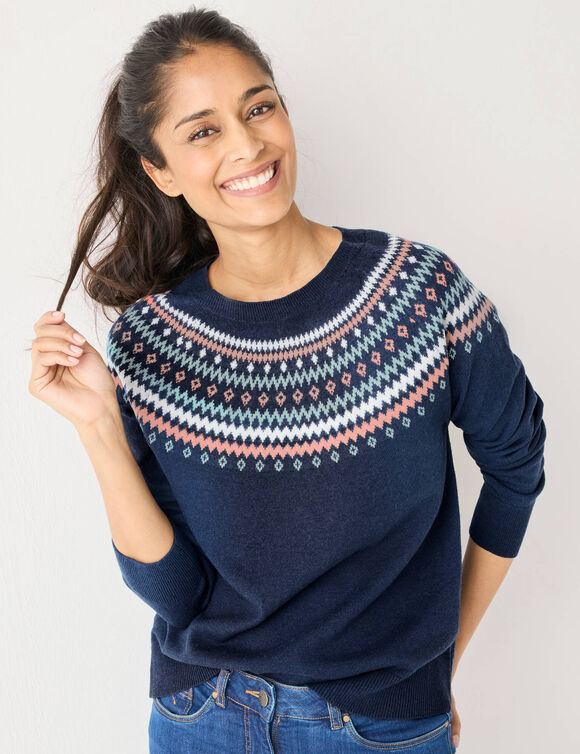 Pull jacquard, laine d'agneau (marine / rose)