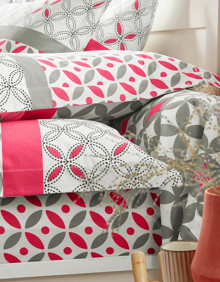 Linge de lit Marlow en coton à motifs géométriques (gris / corail)