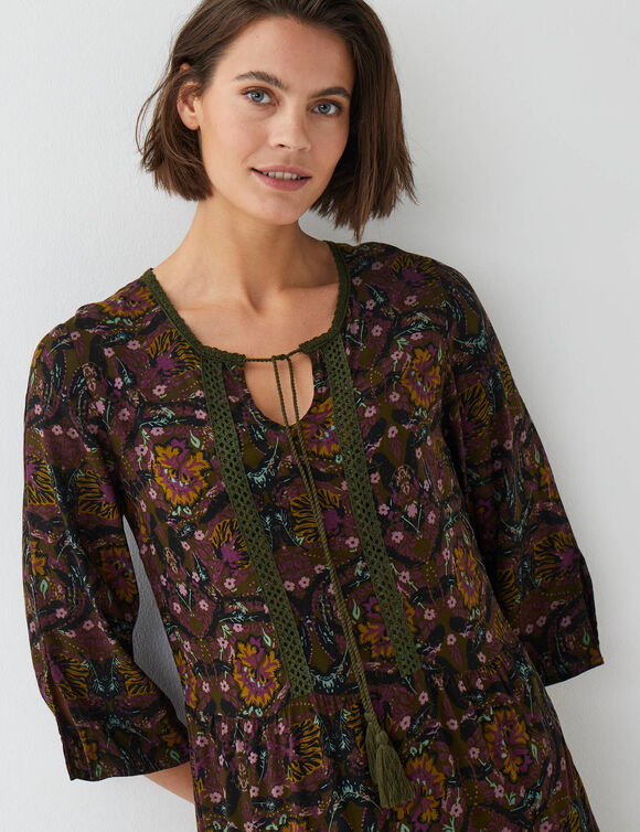 Robe longue imprim&eacute;e (bronze / prune)