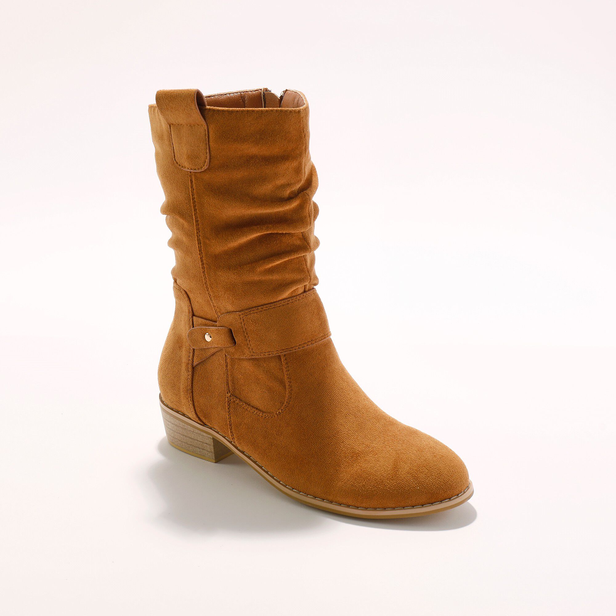 Bottes mi hautes pliss es petit talon effet bois caramel