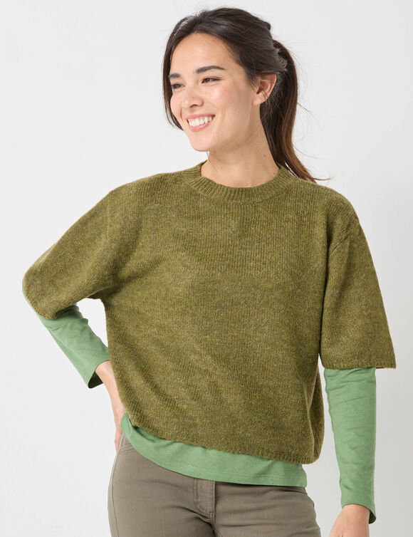 Pull loose manches coudes, laine et mohair m&eacute;lang&eacute;s (vert mousse)