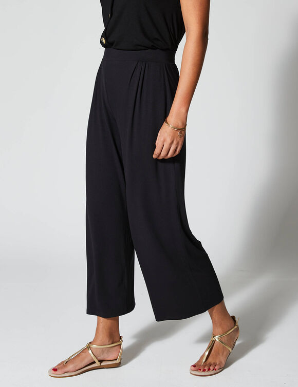 Pantalon large 7/8&egrave;me, taille &eacute;lastiqu&eacute;e, maille unie (noir)