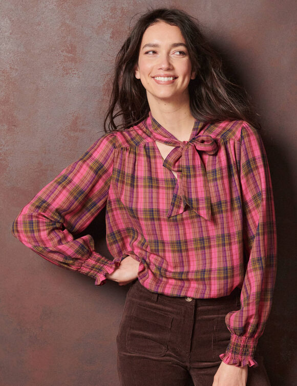 Blouse &agrave; lavalli&egrave;re manches longues, &agrave; carreaux (bordeaux / rose)