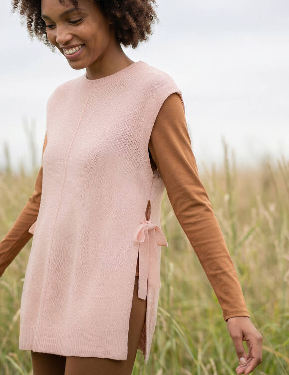 Pull tunique manches courtes avec liens &agrave; nouer, toucher doux (rose poudr&eacute;)