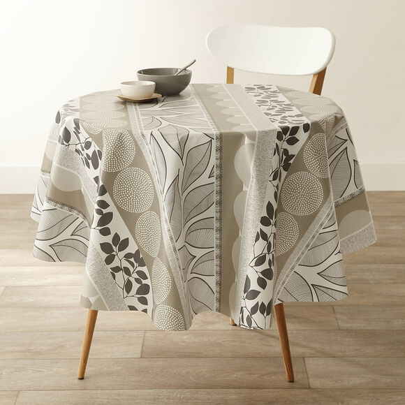 Nappe toile cirée imprimé feuilles et chemin de table (taupe / blanc)