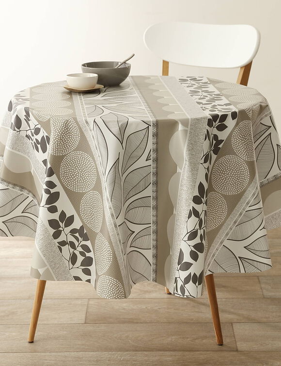 Tafellaken in toile cirée met bladeren- en tafellopereffect (taupe / wit)
