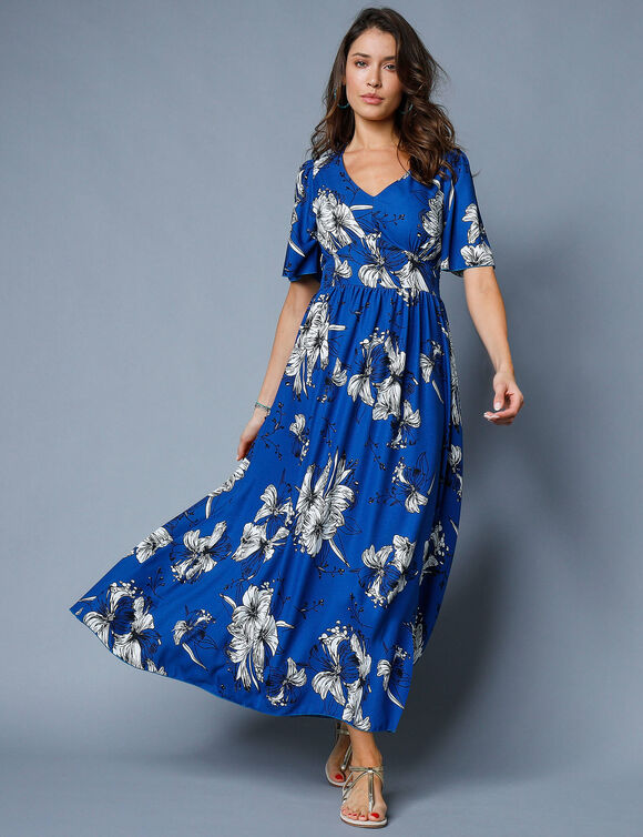 Robe longue imprim&eacute;e, manches &eacute;vas&eacute;es  (bleu)