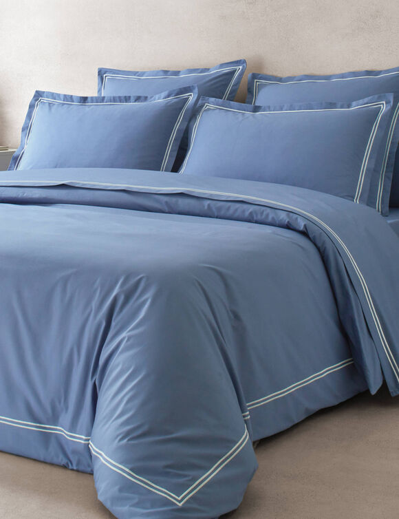 Linge de lit uni double bourdon - percale de coton 80 fils/cm&sup2; (bleu / blanc)