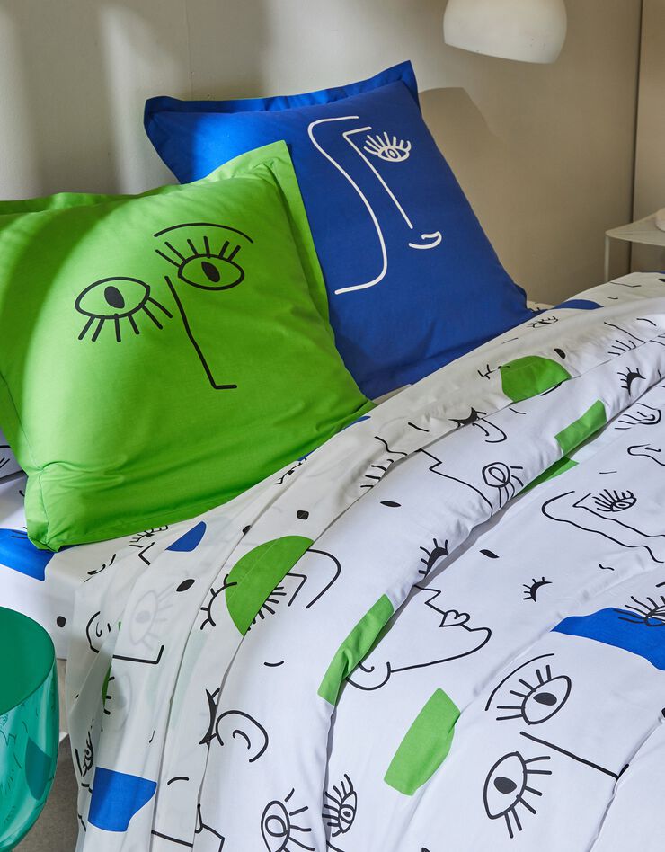 Bedlinnen Vitaly in katoen met gezichtenmotieven (wit / blauw)