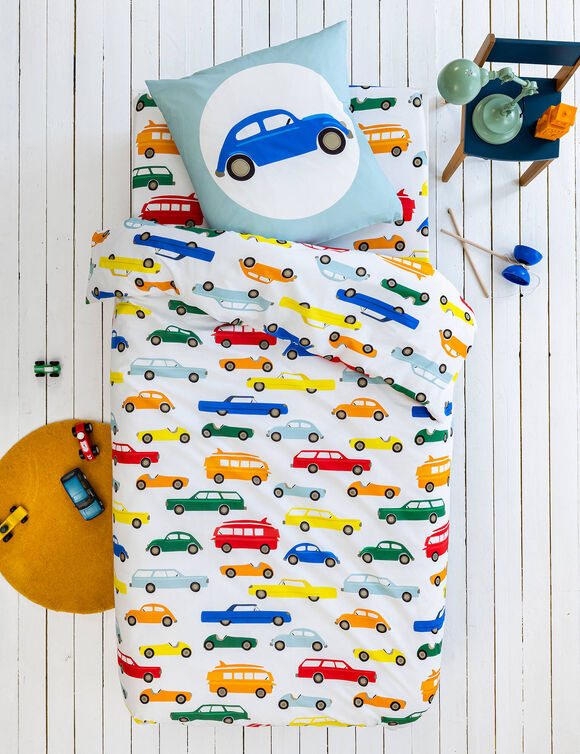 Linge de lit enfant Vroum imprim&eacute; voitures - coton 57 fils/cm&sup2; (blanc)