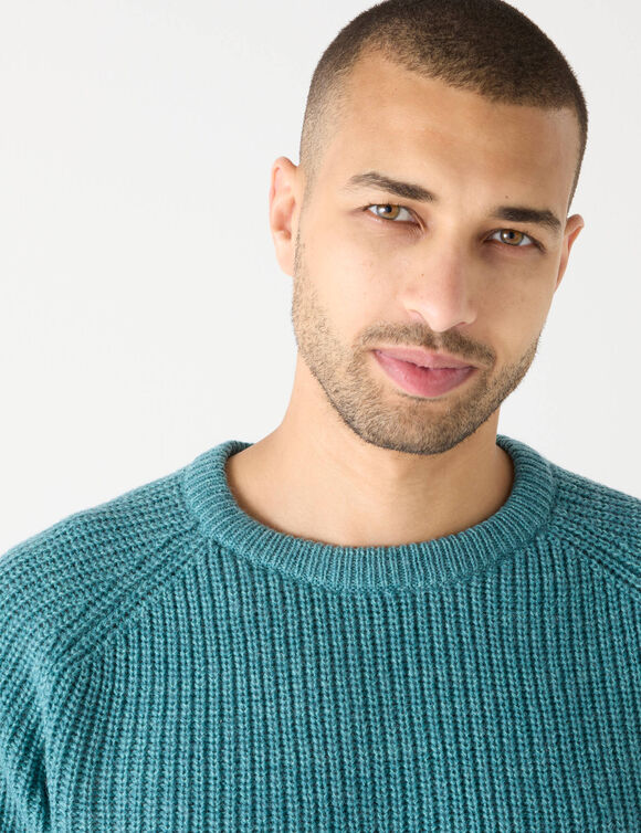 Pull col rond manches marteau côtes anglaises 30% laine (céladon mouliné)