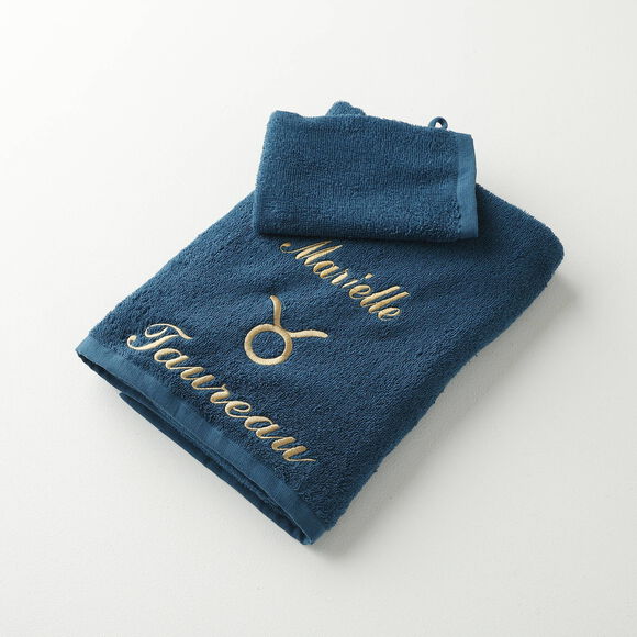 Serviettes de bain brodées Taureau personnalisable - 420g/m2 (pauwblauw)