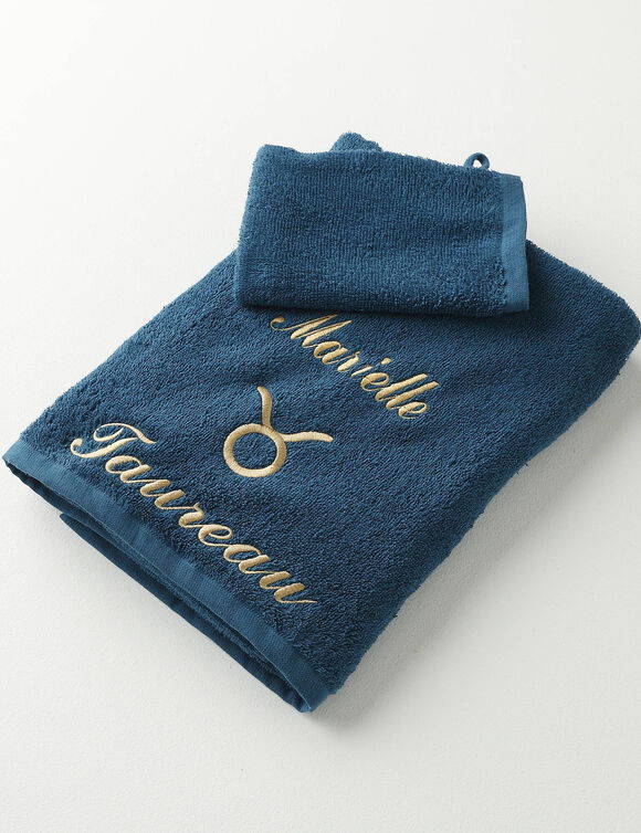 Serviettes de bain brodées Taureau personnalisable - 420g/m2 (bleu paon)