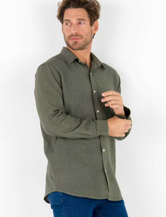 Chemise coton lin manches longues boutonnée (kaki)