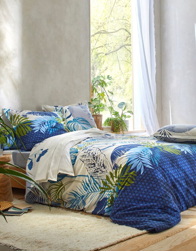 Bedlinnen Jane in katoen met bladerenprint (blauw)