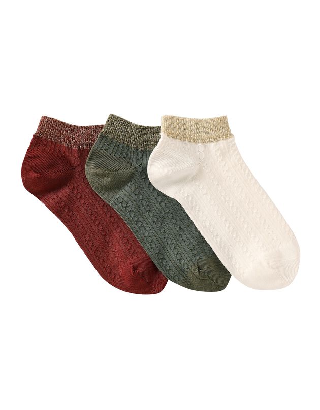 Effen halfhoge sokken in kabeltricot - set van 3 paar (kaki + bordeaux + ecru)