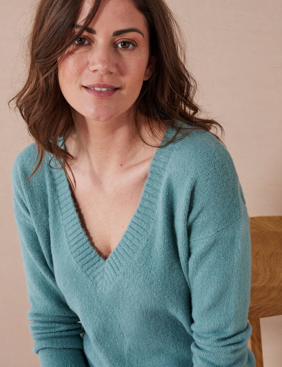Pull tunique col V (turquoise grisé)