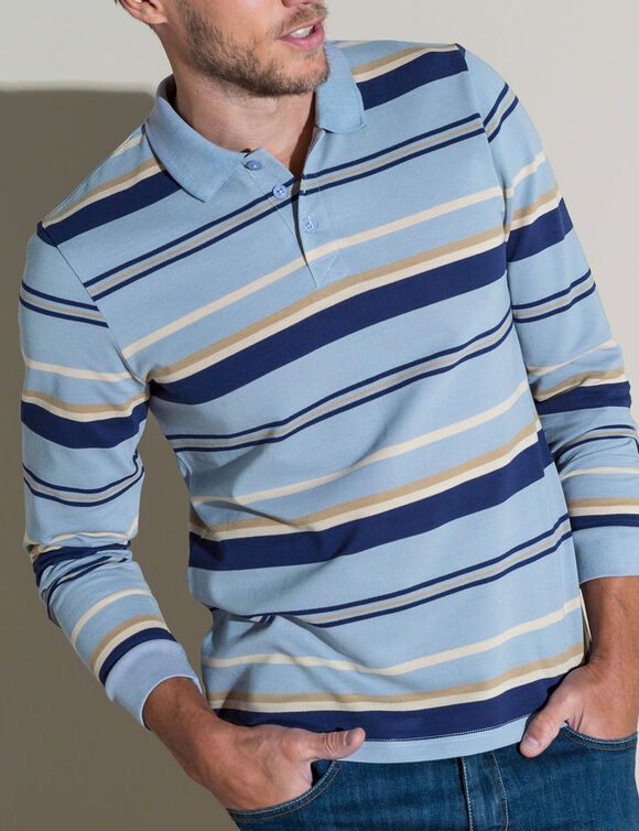 Gestreepte polo in piqu&eacute;triot, lange mouwen (lichtblauw)