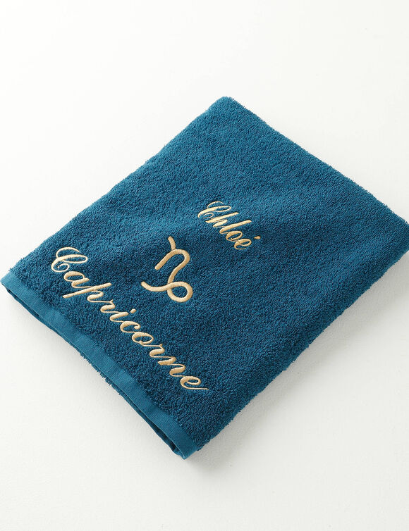 Serviettes de bain brodées Capricorne personnalisable - 420g/m2 (bleu paon)