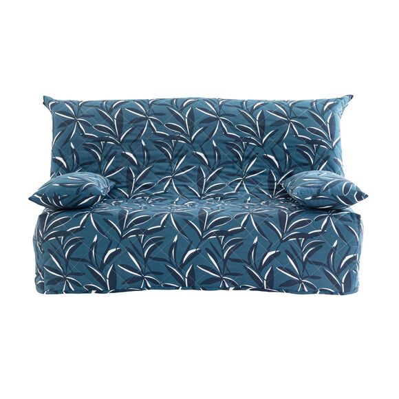 Housse canap&eacute; BZ matelass&eacute;e imprim&eacute; feuillage (bleu)