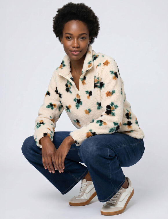 Sweater met hoge kraag en ritssluiting, van boucl&eacute;-fleece, met bloemprint (ecru / hazelnootbruin)