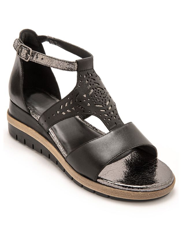 Leren sandalen met ajour en pailletten, extra breed (zwart)