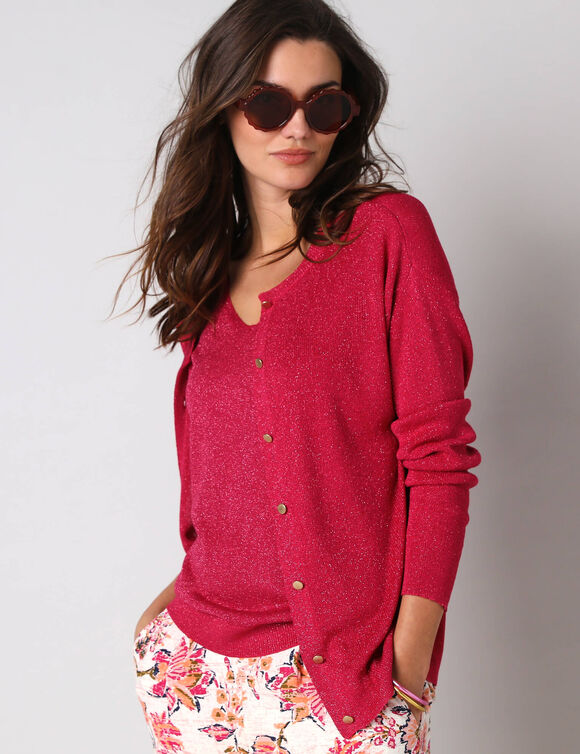 Gilet fine maille et fil brillant, manches longues (framboise)