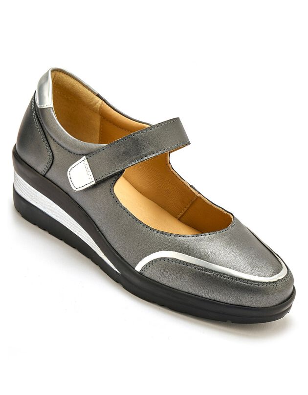 Schoentjes met riempje met comfortbreedte, leer met metallic details (grijs)