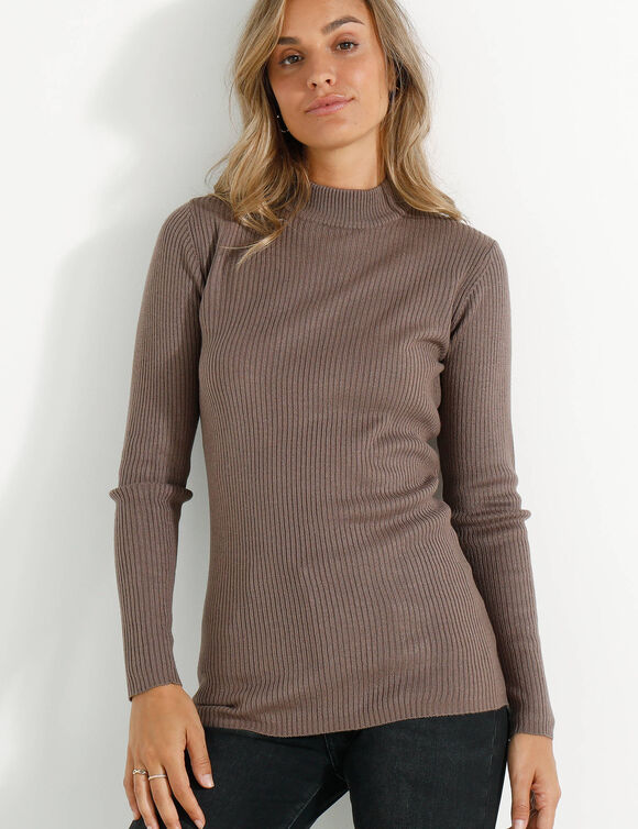 Pull col montant long, maille côtelée (taupe)