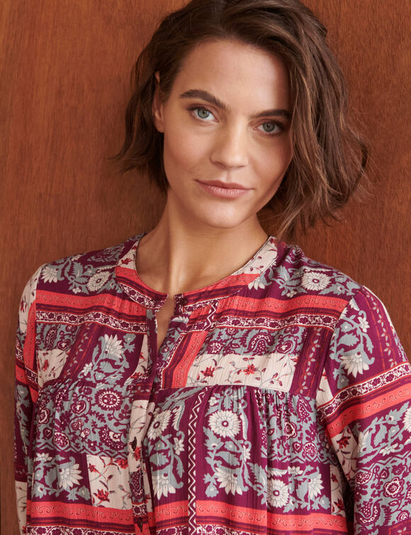 Chemisier col mao, cr&eacute;pon imprim&eacute; patchwork (prune / beige)