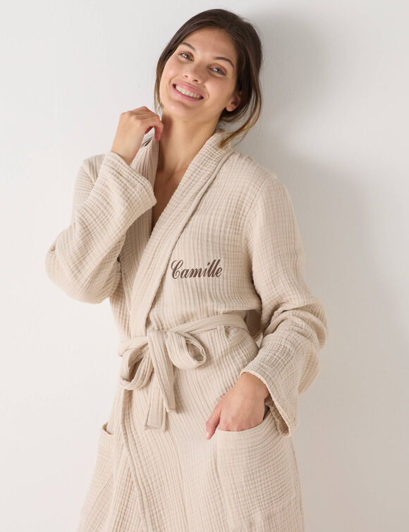 Peignoir col châle mixte triple gaze de coton Colombine®, personnalisable (sable)