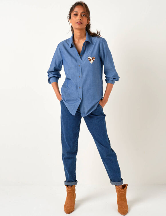 Bloes in chambray, geborduurd hartje (stone)