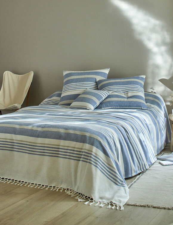 Plaid jeté multicolore coton tissage artisanal (bleu)