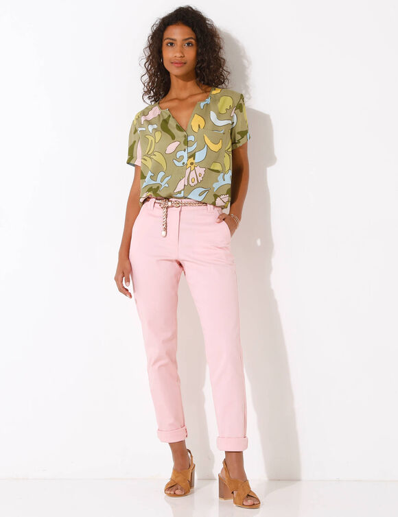 Chemisier viscose imprimé multicolore, manches courtes (kaki / rose)