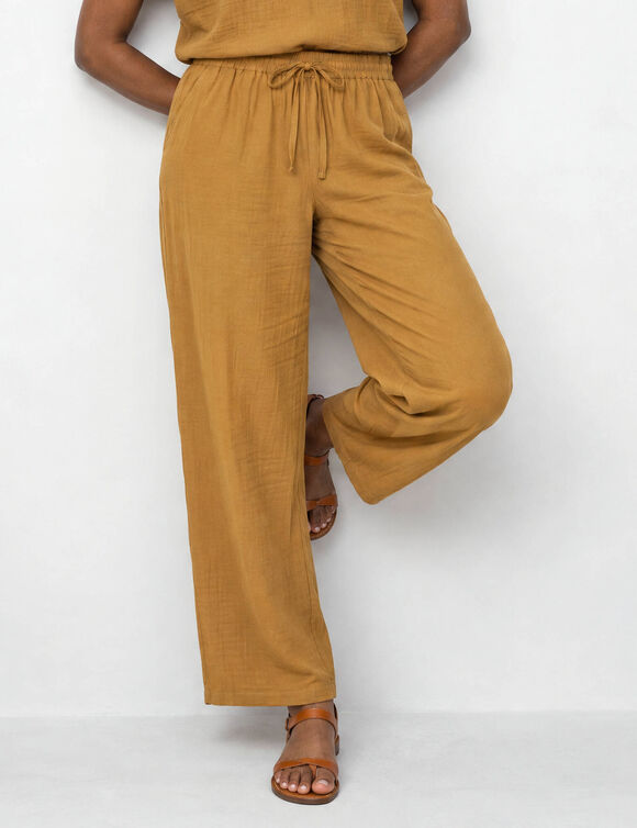 Pantalon large taille haute, gaze de coton (bronze)