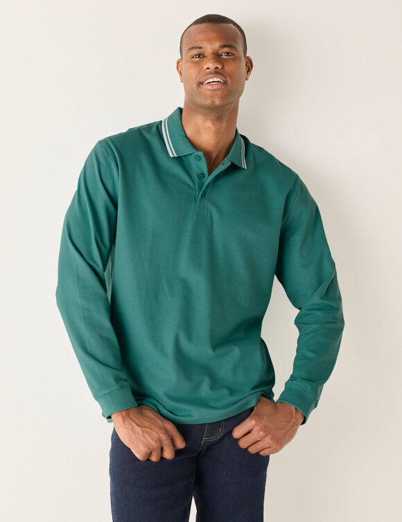 Polo uni maille piquée manches longues (céladon)