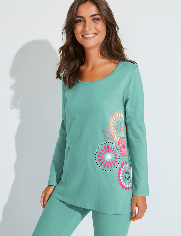 Pyjama manches longues imprimé rosaces - coton (lagon)