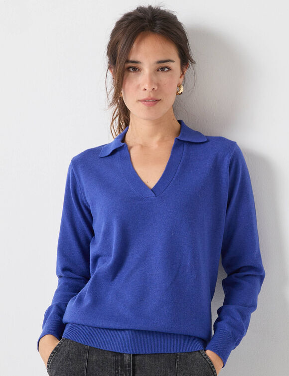 Pull col polo, laine d'agneau (bleu dur)
