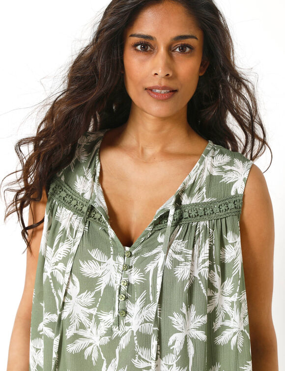 Tunique sans manches imprim&eacute; palmiers, cr&eacute;pon et macram&eacute; (kaki / blanc)