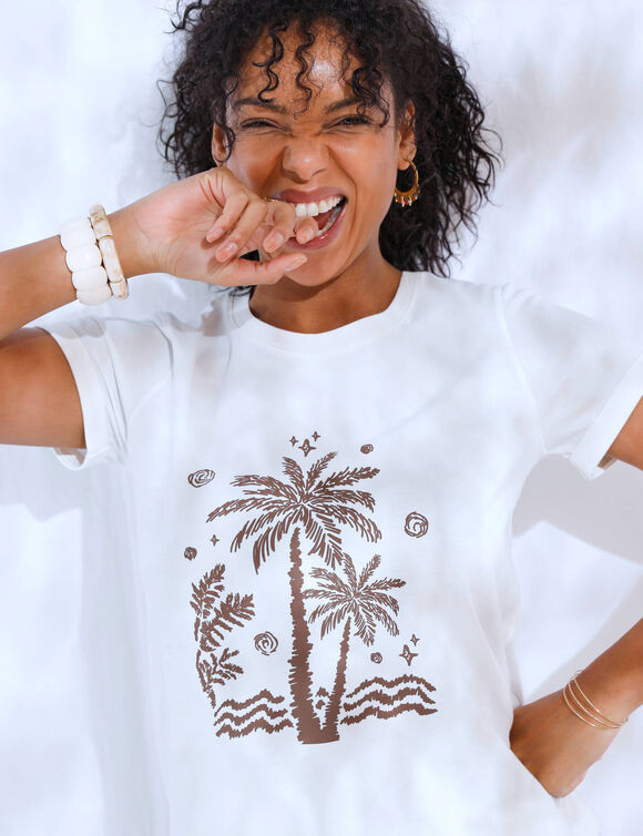 T-shirt manches courtes imprim&eacute; palmiers (&eacute;cru / chocolat)