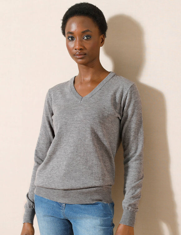 Pull col V, laine d'agneau (gris chin&eacute;)