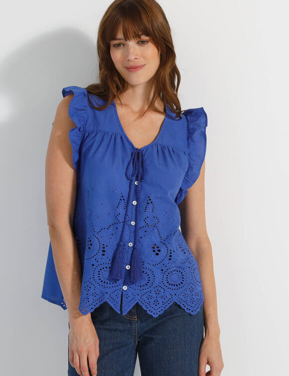 Effen bloes met V-hals en knoopsluiting, broderie anglaise (felblauw)
