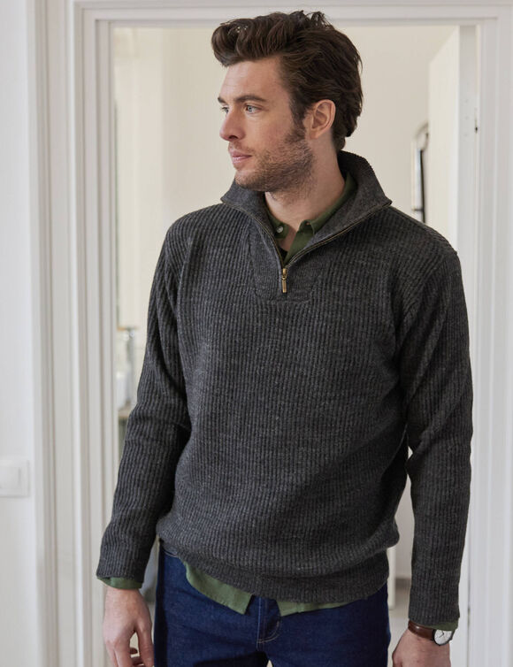 Pull col camionneur côte anglaise 30% laine (gris anthracite)