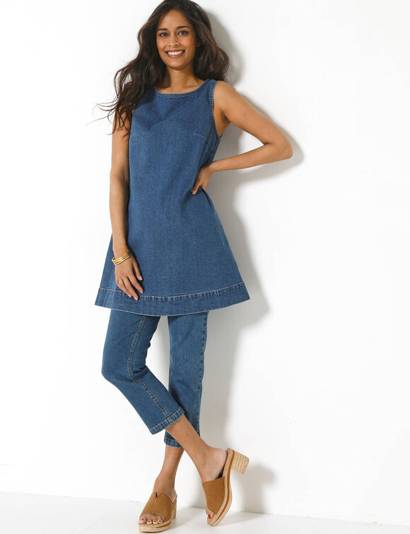 Tunique trap&egrave;ze sans manches, en jean (stone)