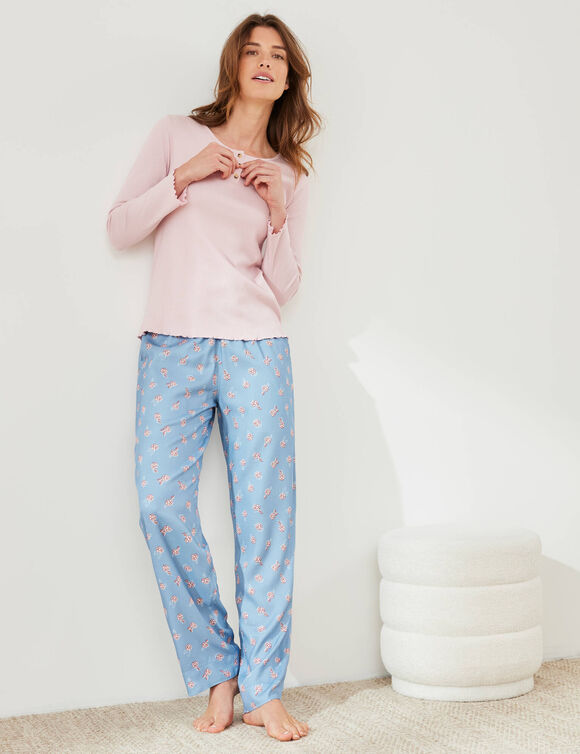 Pantalon de pyjama imprimé fleuri (bleu / rose)