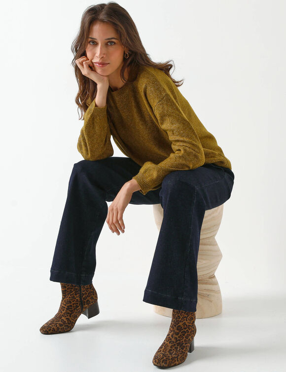 Pull loose manches blousantes, maille chinée en laine mélangée (vert chiné)